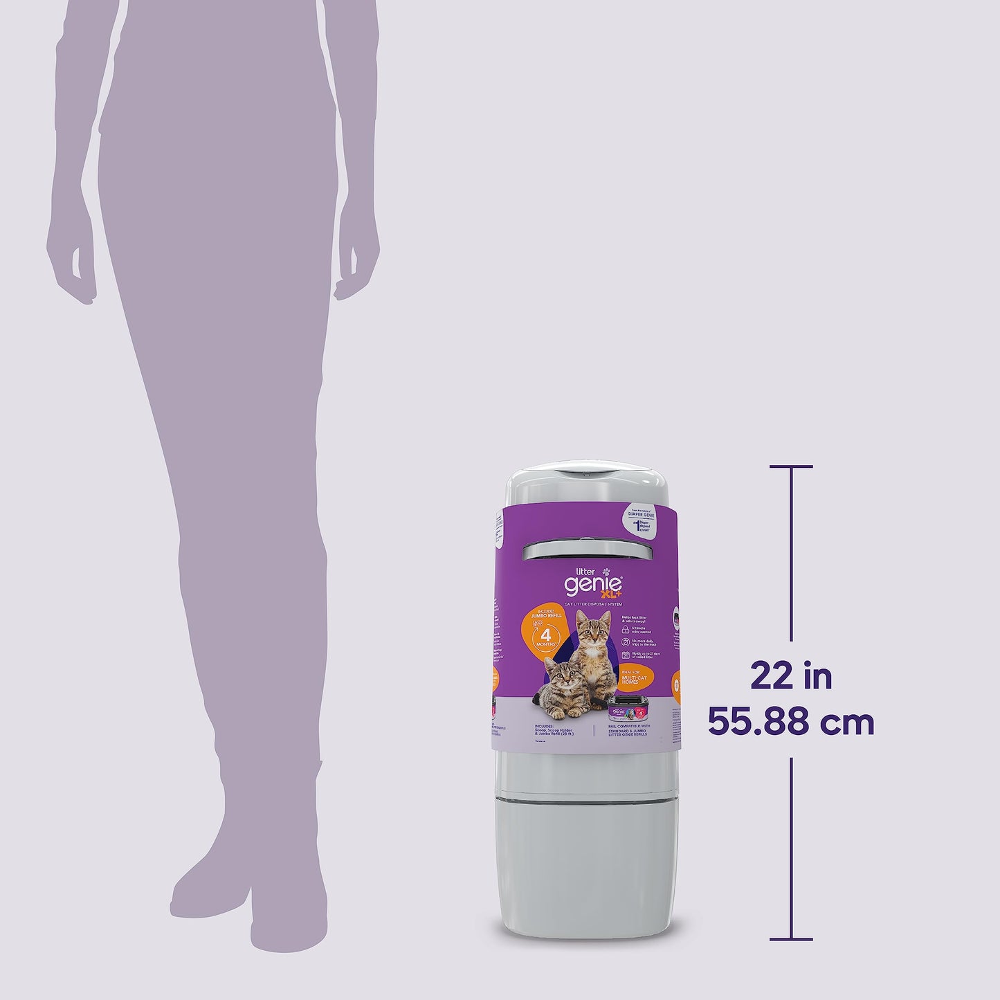 Litter Genie XL+ Pail – Ideal for Multi cat Homes - Includes one Jumbo 24ft cat Litter Bags Refill, Scoop, and Scoop Holder