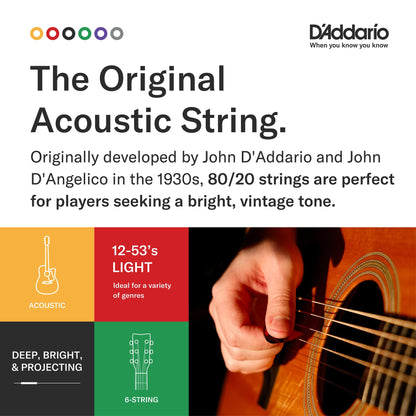 D’Addario Guitar Strings - Acoustic Guitar Strings - 80/20 Bronze - For 6 String Guitar - Deep, Bright, Projecting Tone - EJ11-3D - Light, 12-53 - 3-Pack
