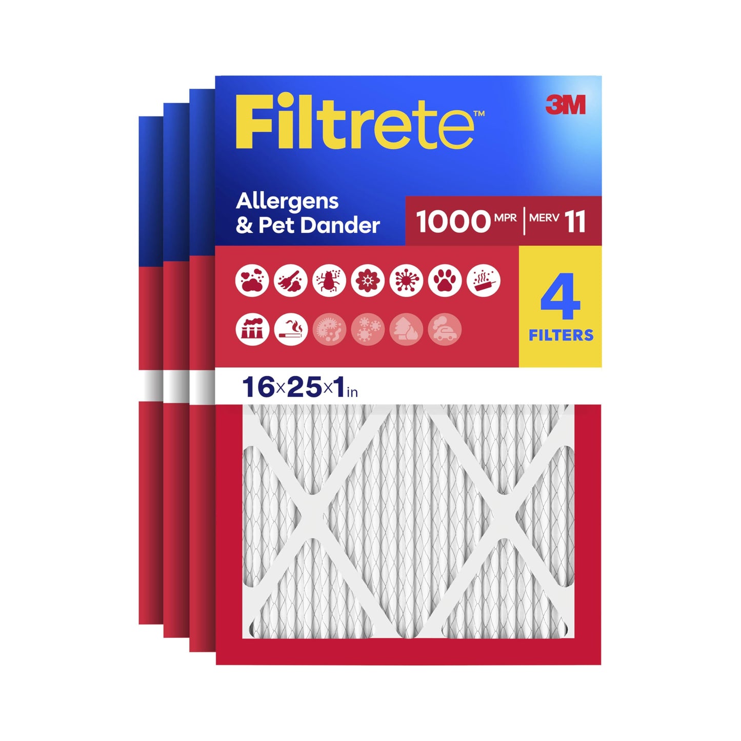 Filtrete 16x25x1 AC Furnace Air Filter, MERV 11, MPR 1000, Micro Allergen Defense, 3-Month Pleated 1-Inch Electrostatic Air Cleaning Filter, 4 Pack (Actual Size 15.69 x 24.69 x 0.81 in)