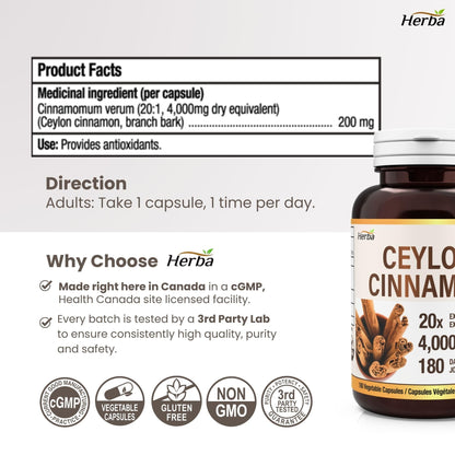 Herba Ceylon Cinnamon Capsules 4000mg - 180 Vegetable Capsules | Powerful 20:1 Extract from Sri Lanka | Equivalent to 4,000mg Dry Ceylon Cinnamon Powder | Made in Canada - Available at All In One Marketplace Canada