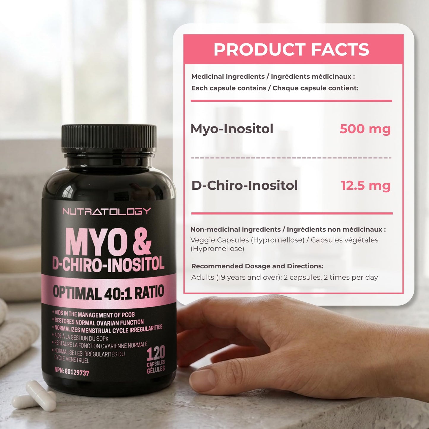 Nutratology® Myo-Inositol & D-Chiro Inositol Capsules - PCOS Supplement for Women - Optimal 40:1 Ratio - For Hormonal Balance & Healthy Ovarian Function - Regulates Menstrual Cycle - 120 Capsules - Available at All In One Marketplace Canada