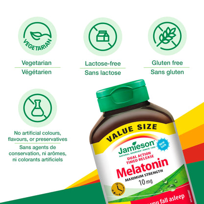 Jamieson Melatonin 10 mg Maximum Strength, 100 Bi-Layer Caplets, Dual-Action Timed Released, Improves Sleep Quality and Duration, Helps Reset the Body's Sleep-Wake Cycle. Vegetarian, Proudly Canadian
