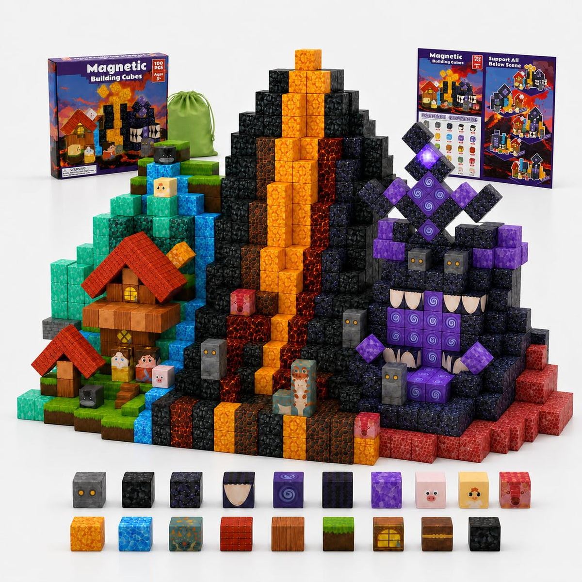 100pcs Magnetic Blocks with LED Lights,Volcano Building Cubes Set, Creative Sensory and STEM Toy for Kids Boys Girls Aged 3 4 5 6 7 8 9 10 11 12, Magnet Tiles Christmas Birthday Gifts for Ages 3+ 🍁 All In One Marketplace Canada
