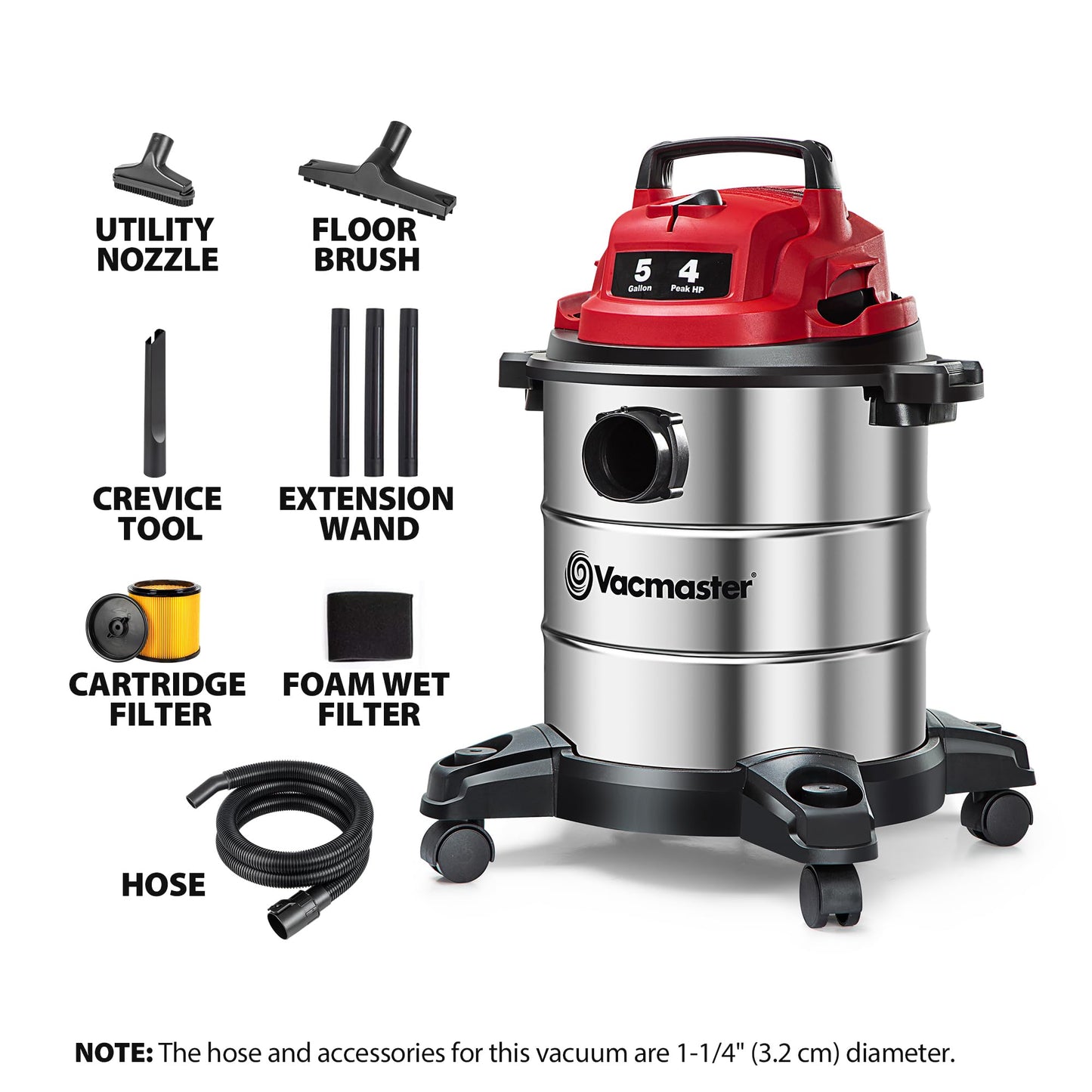Vacmaster VOC508S 1101 5-Gal 4 Peak HP Stainless Steel Wet/Dry Vac Red 🍁 All In One Marketplace Canada