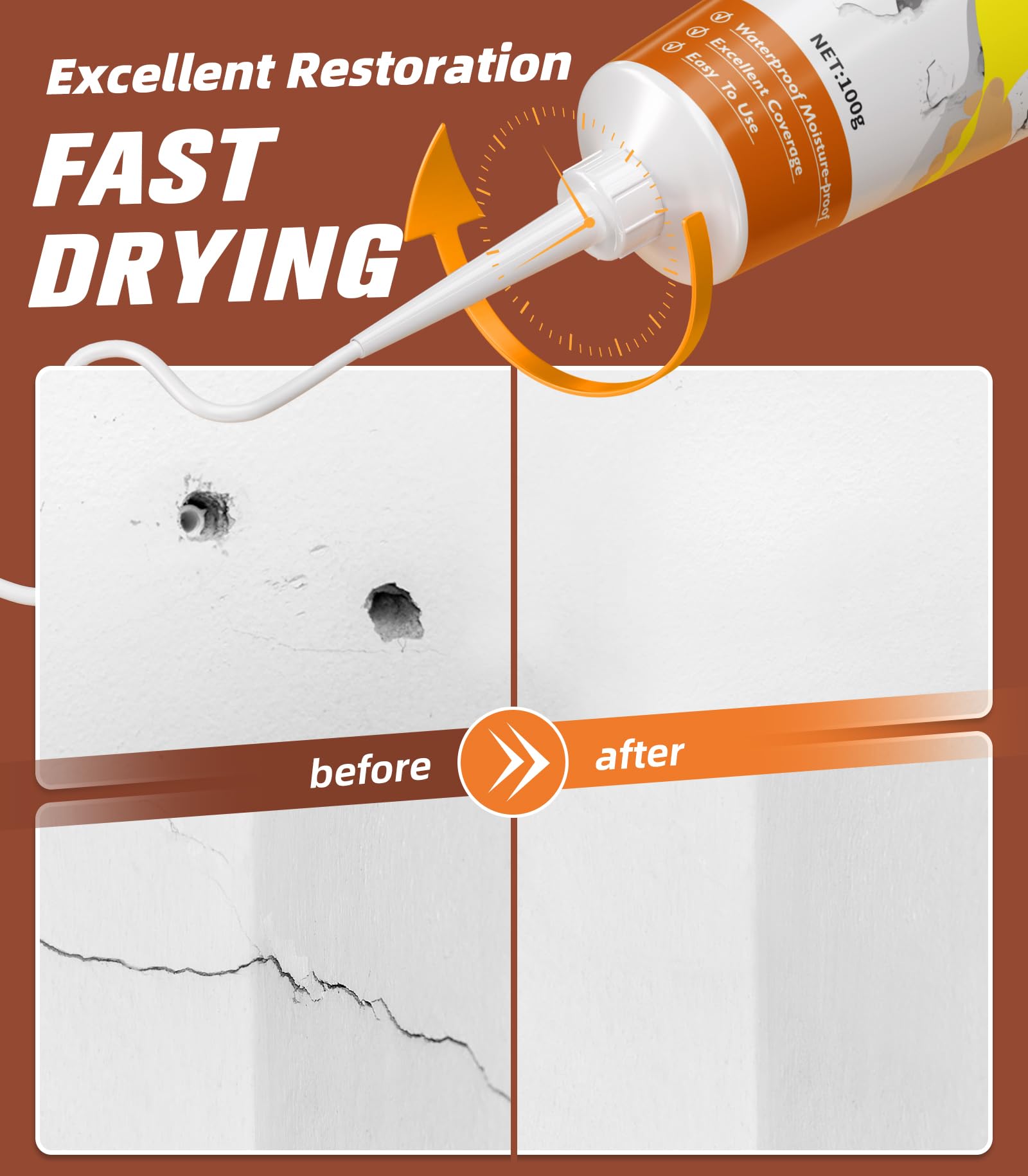 Drywall Repair Kit, Spackle, Wall Hole Filler, 2 Pack Spackling with Putty Knife, Patch, Sandpaper, Small Wall Hole Repair Project for Walls, Plasterboard, Ceilings, Apartments Indoor Outdoor