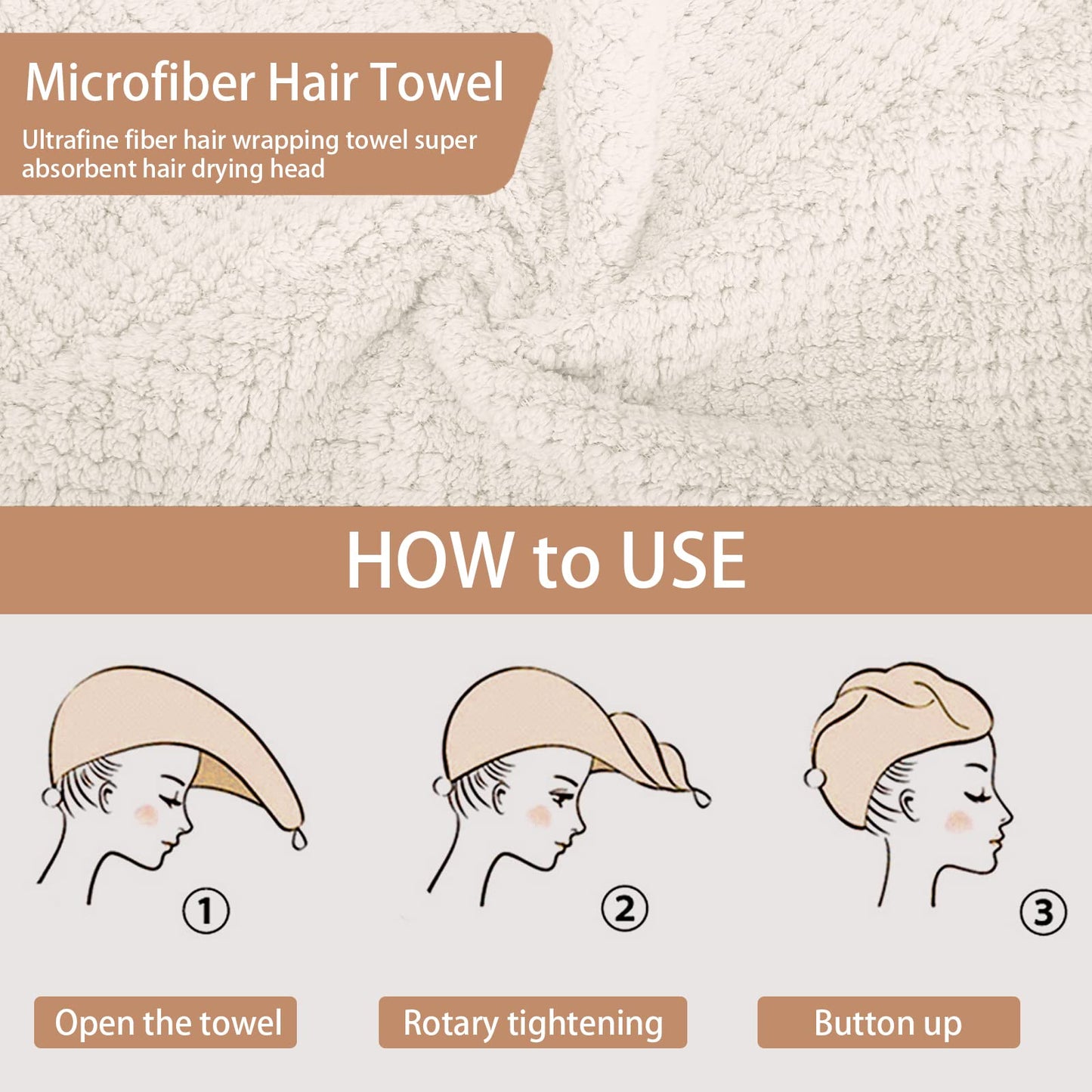 CZZXI 3 PCS Microfiber Hair Towel, Hair Wraps for Women Wet Hair, Fast Drying Hair Turban, Anti Frizz Head Towels Wrap for Curly Hair (Beige, Khaki, Grey)