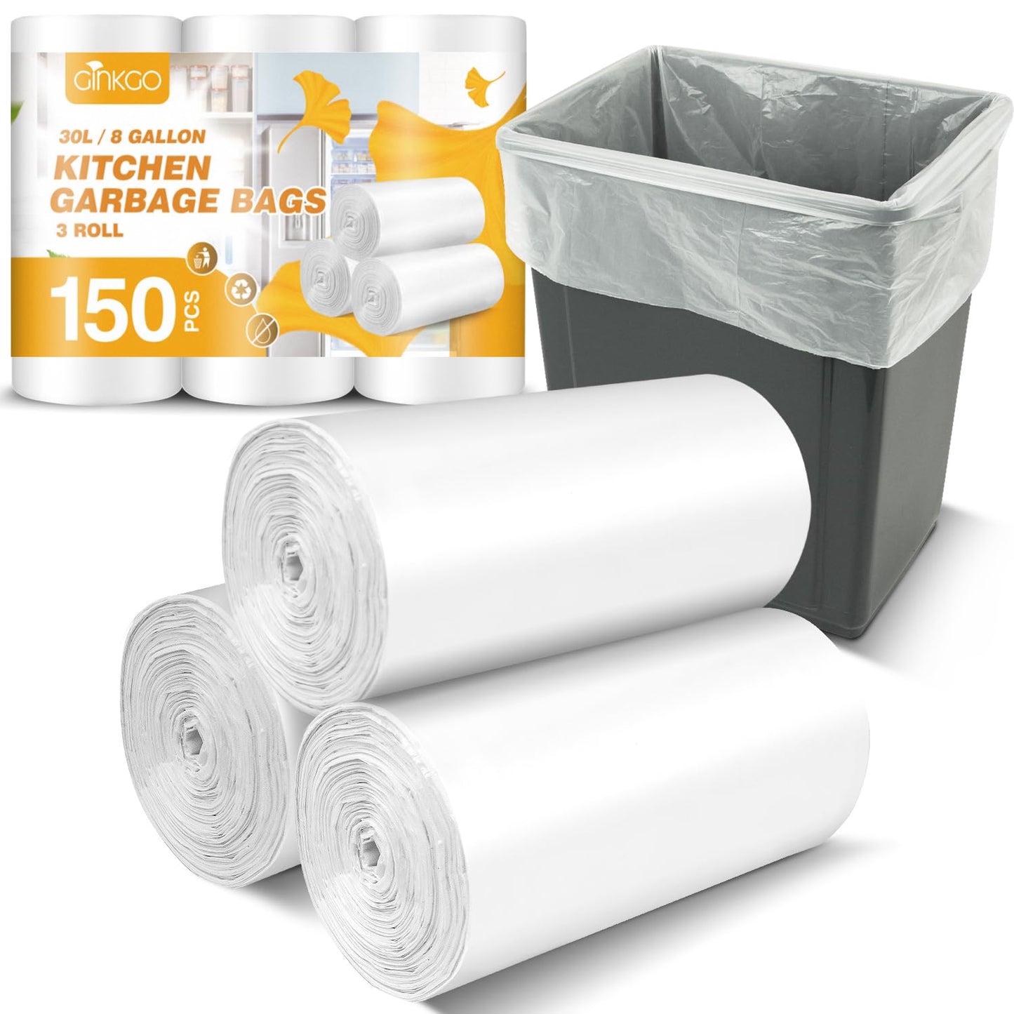 150 Count Garbage Bags 30 Litres/8 Gallon Kitchen Trash Bags Medium Unscented White Garbage Can Liners - Available at All In One Marketplace Canada