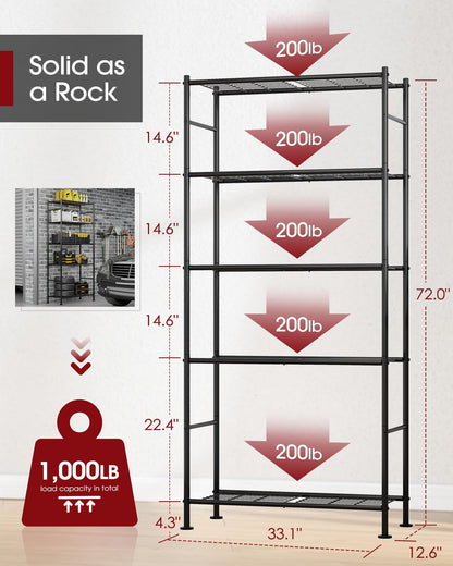 Sakugi 5 Tier Shelf - Heavy Duty Metal Storage Shelves with Adjustable Leveling Feet, Large Capacity Shelving Unit with Multiple Hooks for Kitchen, Pantry, Office (84 x 32 x 183 cm, Black)
