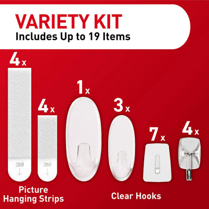 Command Variety Pack, Picture Hanging Strips, Wire Hooks and Wall Hooks, Damage Free Hanging Clear Variety Pack for Up to 19 Items, 1 Kit