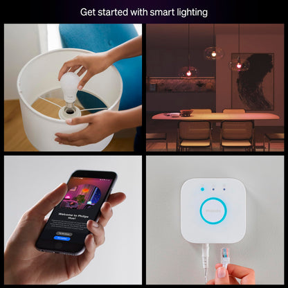 Philips Hue Essential Starter Kit: Bridge + 4 Essential E26 Smart Bulbs, White and Color Ambiance, 2200K-6500K, Dimmable, Works with Alexa, Google Assistant, Samsung SmartThings, Apple Home 🍁 All In One Marketplace Canada Philips Hue