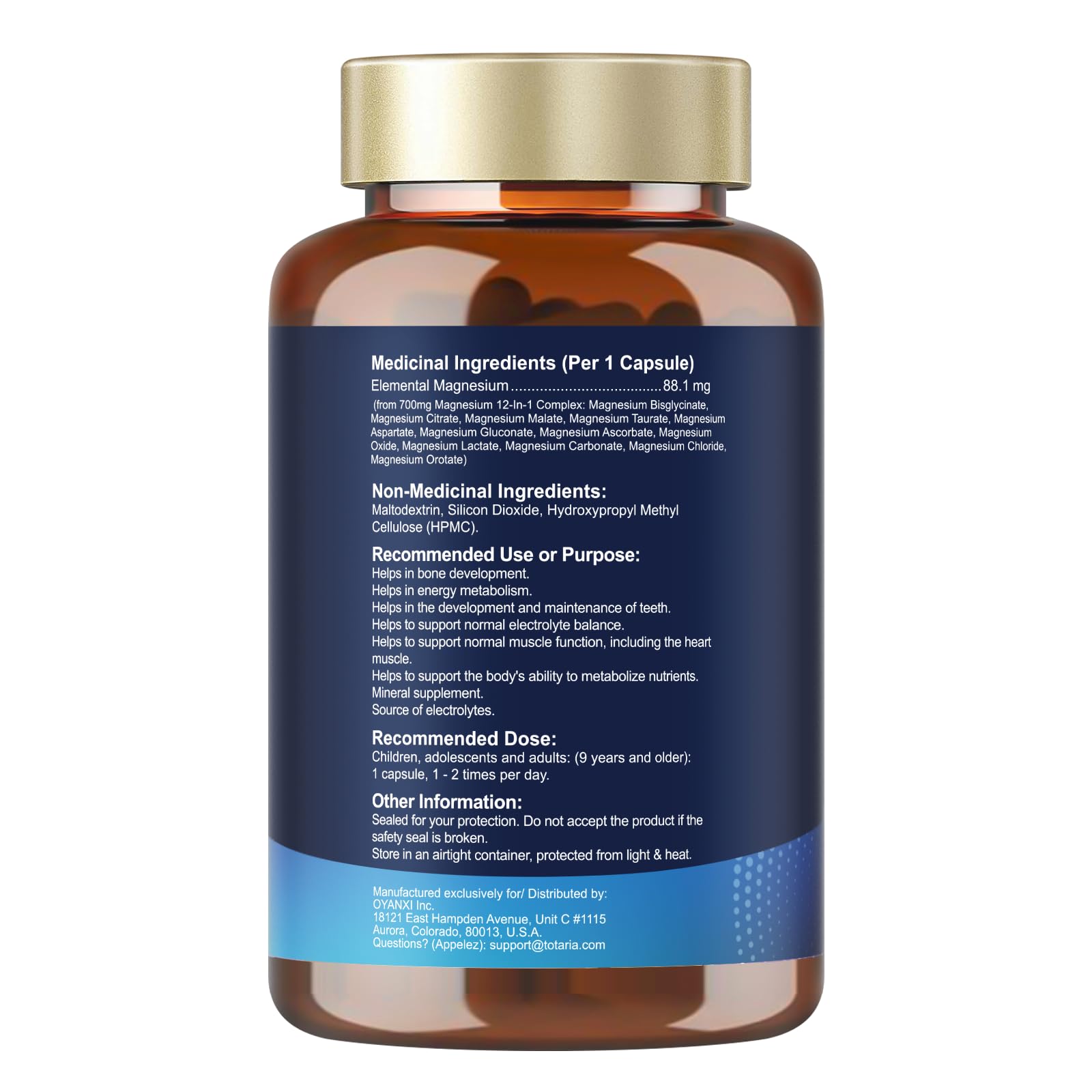 Totaria Magnesium Complex 700mg 12 in 1 Magnesium Supplement with Glycinate Citrate Malate Oxide Taurate Aspartate Orotate Magnesium Relaxation,Muscle,Heart Support, Vegan 120 Capsules - Available at All In One Marketplace Canada