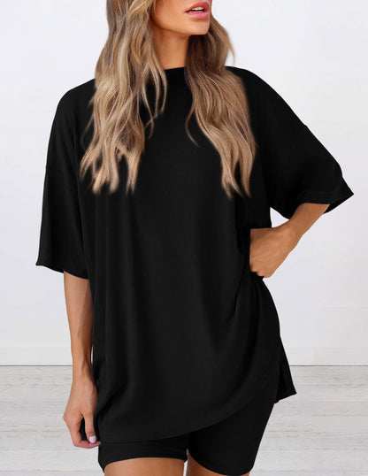 PRETTYGARDEN Women's Two Piece Lounge Set 2026 Summer Casual Oversized Shirts Biker Shorts Matching Airport Travel Outfit (Black,Large)