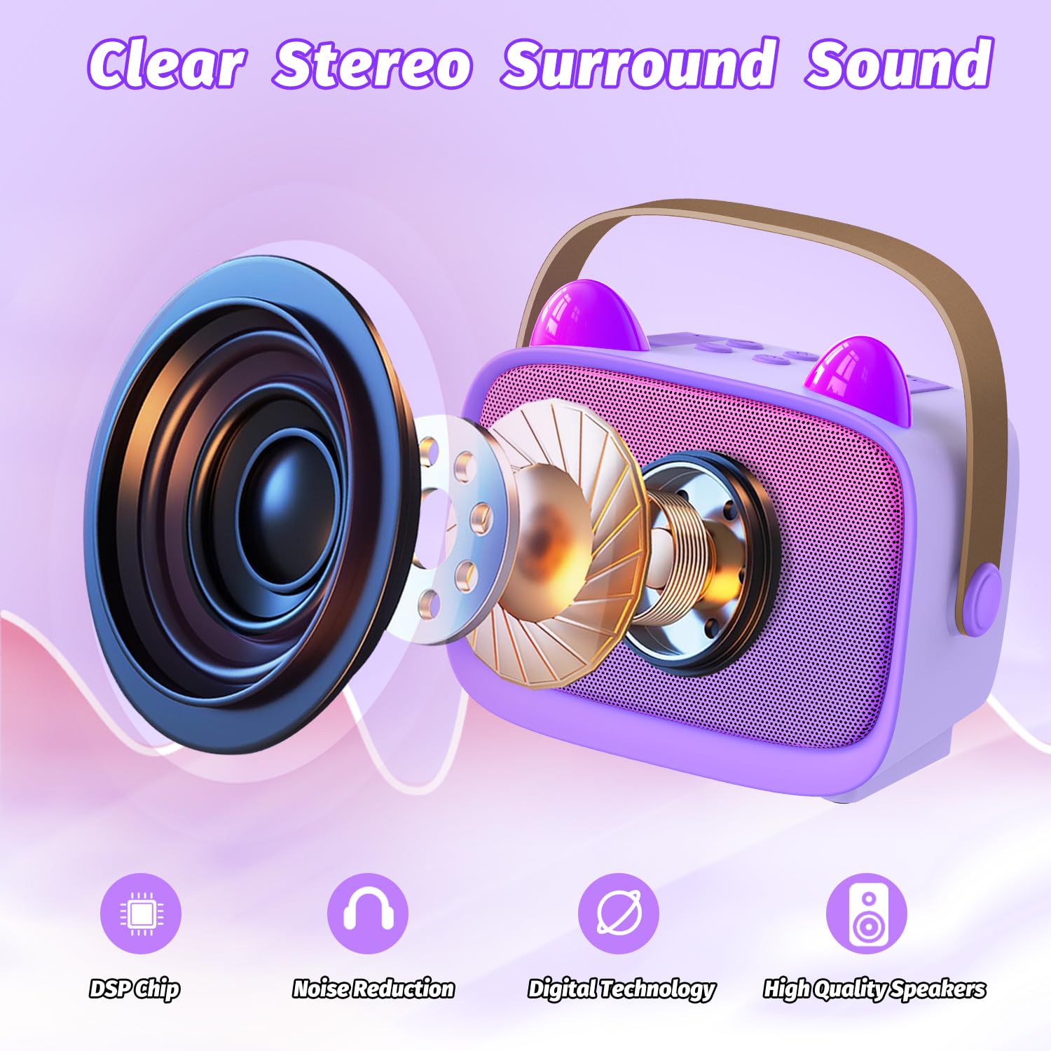 Mini Karaoke Machine Toys Gifts, Kids Portable Bluetooth Speaker with 2 Wireless Microphone and LED, Christmas Birthday Gift Idea for Girls Boys 3-12 + Year Old, Noisemaker Toys for Party (Purple)