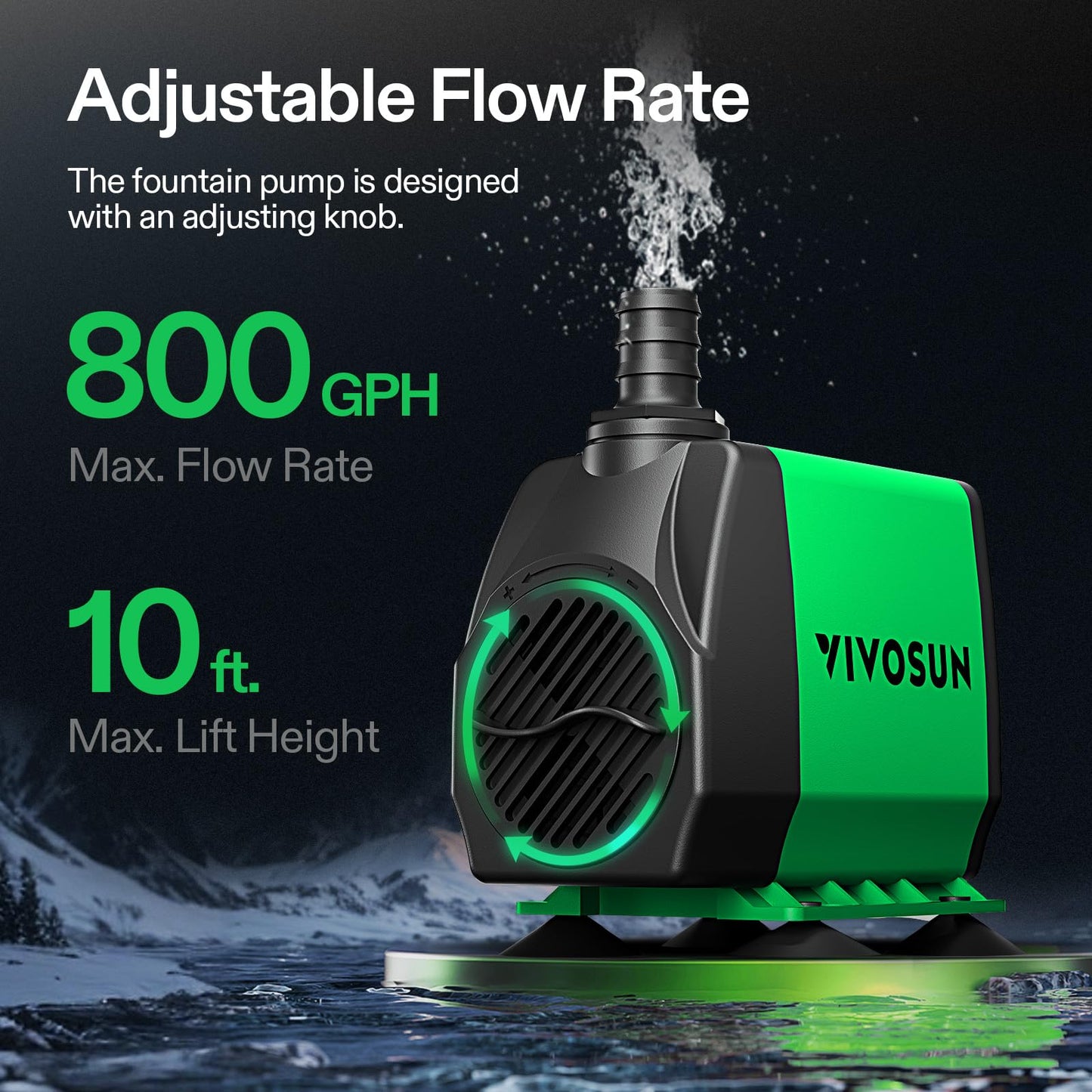 VIVOSUN 800GPH Submersible Pump(3000L/H, 24W), Ultra Quiet Water Pump with 10ft High Lift, Fountain Pump with 5ft Power Cord, 3 Nozzles for Fish Tank, Pond, Aquarium, Statuary, Hydroponics