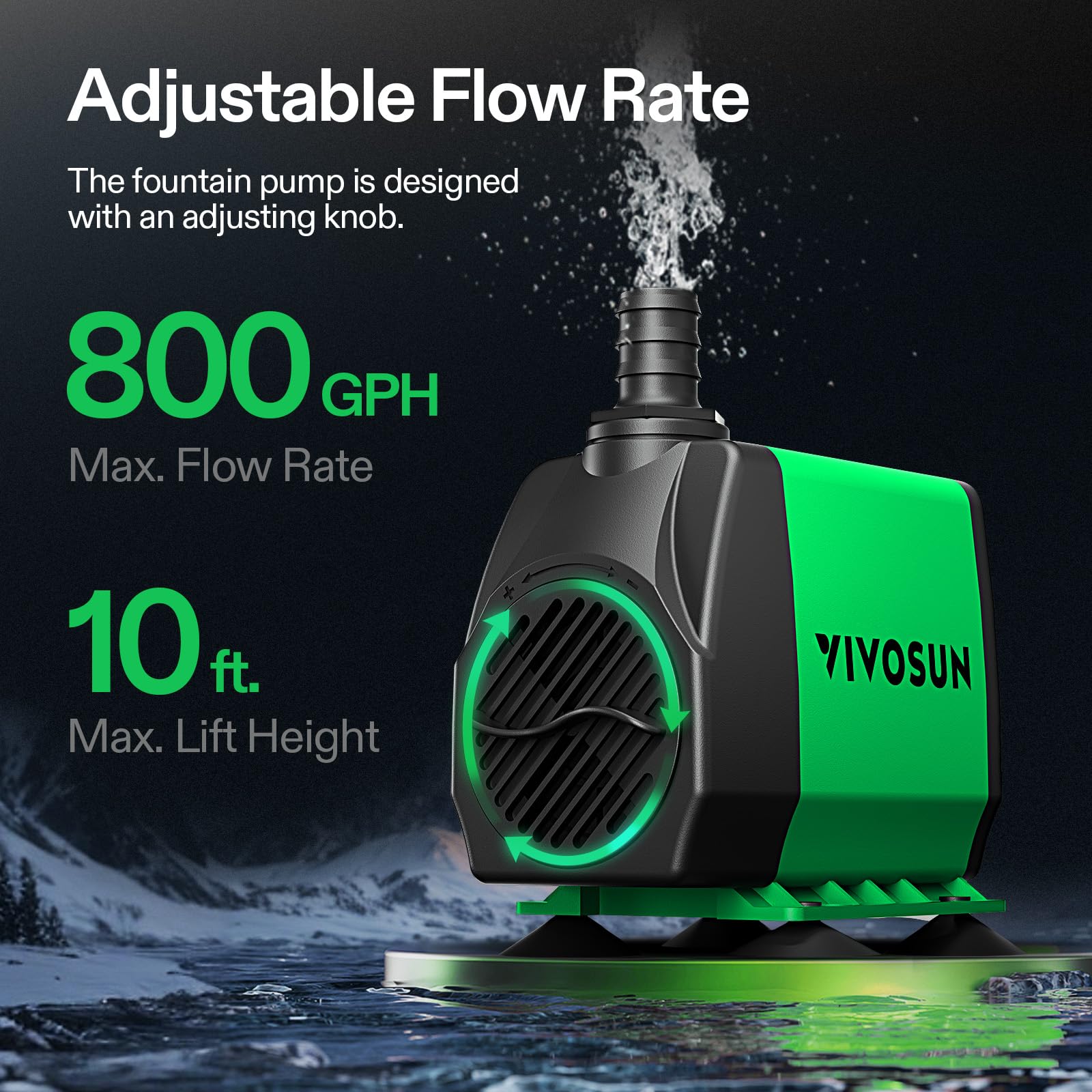 VIVOSUN 800GPH Submersible Pump(3000L/H, 24W), Ultra Quiet Water Pump with 10ft High Lift, Fountain Pump with 5ft Power Cord, 3 Nozzles for Fish Tank, Pond, Aquarium, Statuary, Hydroponics