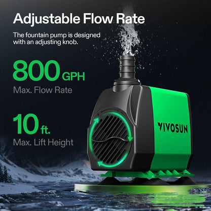 VIVOSUN 800GPH Submersible Pump(3000L/H, 24W), Ultra Quiet Water Pump with 10ft High Lift, Fountain Pump with 5ft Power Cord, 3 Nozzles for Fish Tank, Pond, Aquarium, Statuary, Hydroponics