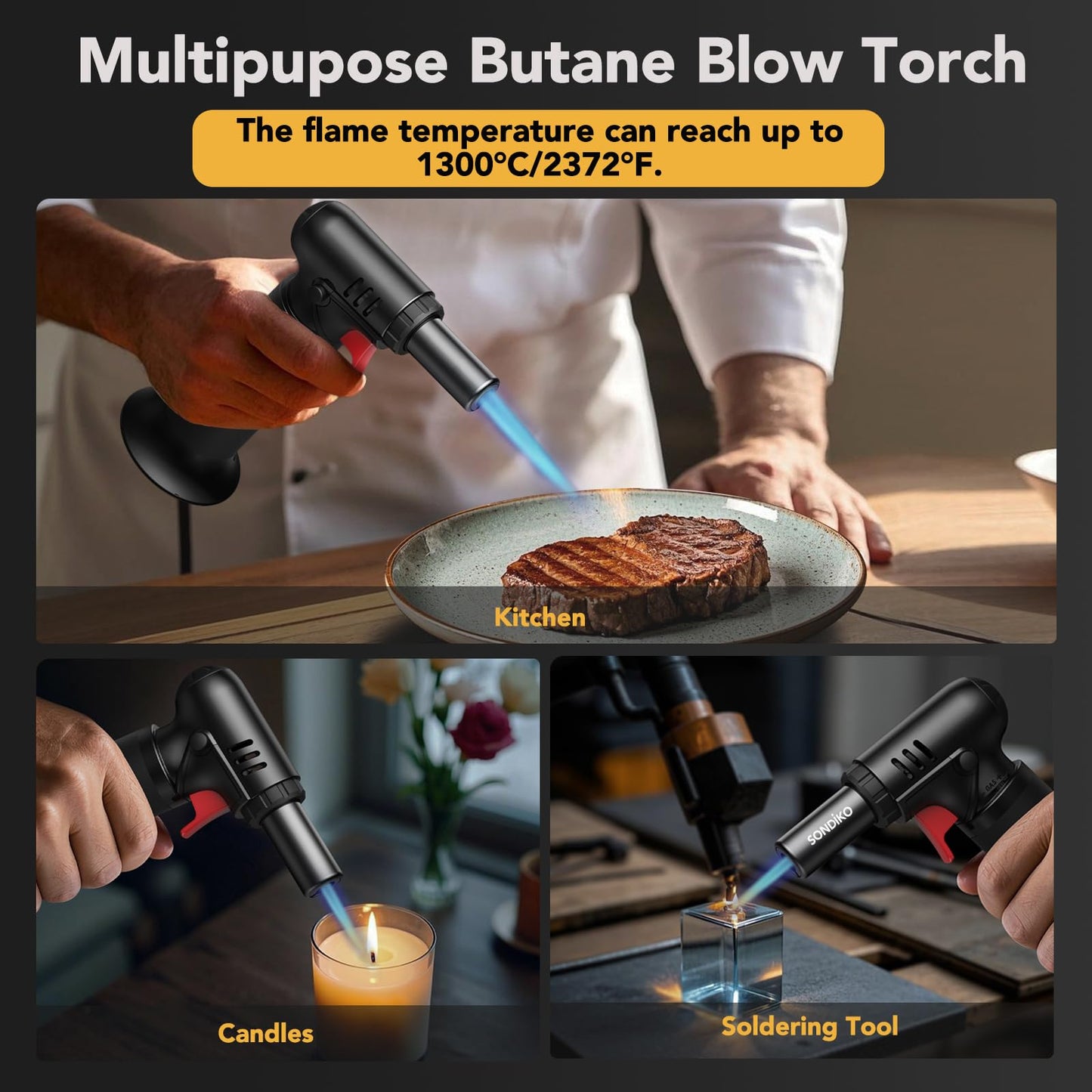 Sondiko Blow Torch with Fuel Gauge, Refillable Butane Torch Lighter with Safety Lock and Adjustable Flame, One-Handed Operation, Fit All Butane Tanks Kitchen Torch