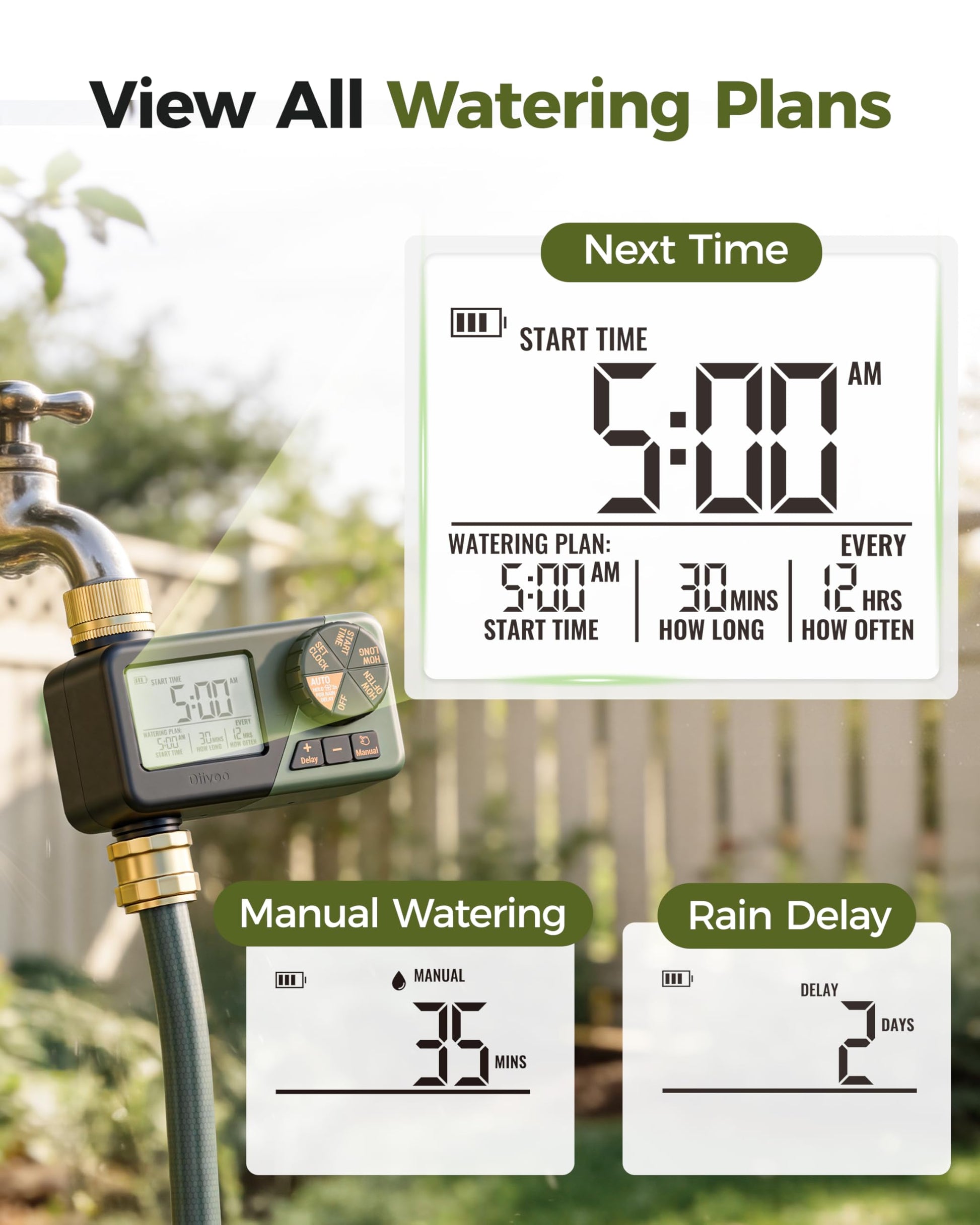 Diivoo Water Sprinkler Timer with Brass Inlet & Outlet, Irrigation Hose Timer with Weekly and Daily Frequency Irrigation, Rain Delay and Manual Watering for Lawns and Gardens