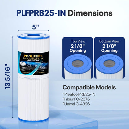 POOLPURE PLFPRB25-IN Hot Tub Filter Replace Unicel C-4326, Guardian 413-106, Filbur FC-2375, FC-2370, 3005845, 17-2327, 100586, 33521, 25392, 817-2500, 5X13 Drop in Spa Filter 2 Pack