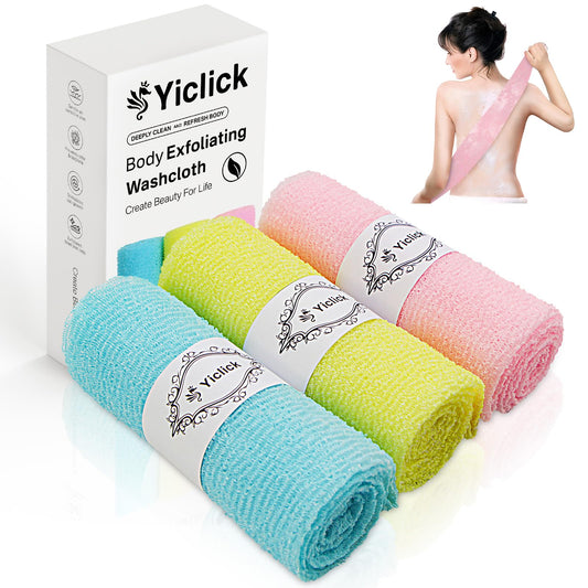 Yiclick Exfoliating Washcloth Towel, Exfoliating Body Scrubber, Back Scrubber Washer for Shower Bath, African Net Sponge Loofah Body Scrub Exfoliator, Exfoliating Cloth Brush Gloves (Blue+Yellow+Pink) - Available at All In One Marketplace Canada