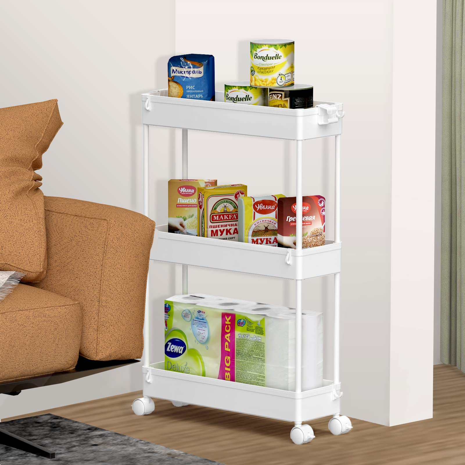SPACELEAD Slim Storage Cart,3 Tier Bathroom Rolling Utility Cart Storage Organizer Slide Out Cart, Mobile Shelving Unit Organizer Trolley for Office Bathroom Kitchen Laundry Room Narrow Places, White - Available at All In One Marketplace Canada