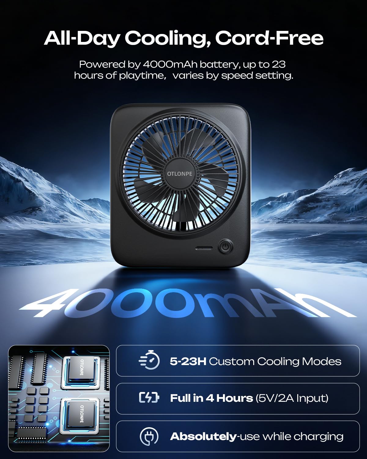Otlonpe Personal Portable Desk Fan, 4000mAh Small Rechargeable Portable Fan Battery Operated & USB Powered for Travel Sleeping Bedroom Office Home Table, Cordless, Quiet, 4-Speed, 6.5 Inch (Black) - Available at All In One Marketplace Canada