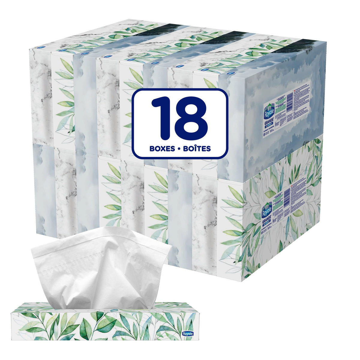 Mouchoirs faciaux Royale 3 épaisseurs, feuilles plus grandes, plus résistantes et plus douces, 18 boîtes, 50 mouchoirs par boîte