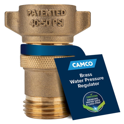 Camco Brass Camper/RV Water Pressure Regulator – Protects RV Kitchen Small Appliances, Plumbing & Hoses – Reduces RV Water Pressure to Safe & Consistent 40-50 PSI – Drinking Water Safe (40055)