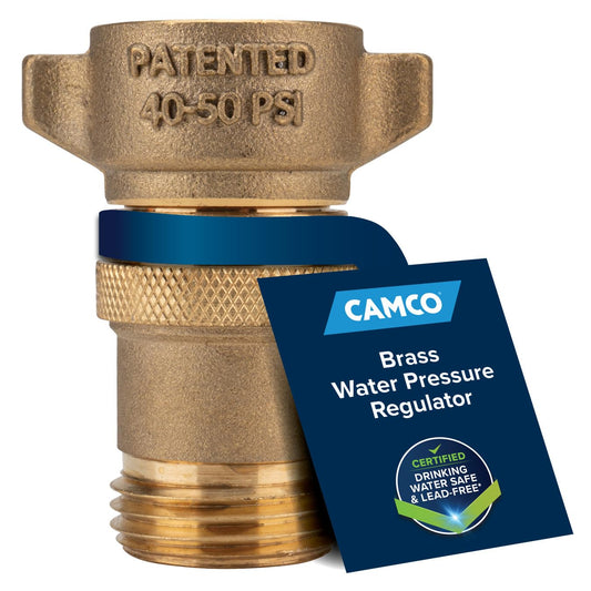 Camco Brass Camper/RV Water Pressure Regulator – Protects RV Kitchen Small Appliances, Plumbing & Hoses – Reduces RV Water Pressure to Safe & Consistent 40-50 PSI – Drinking Water Safe (40055)