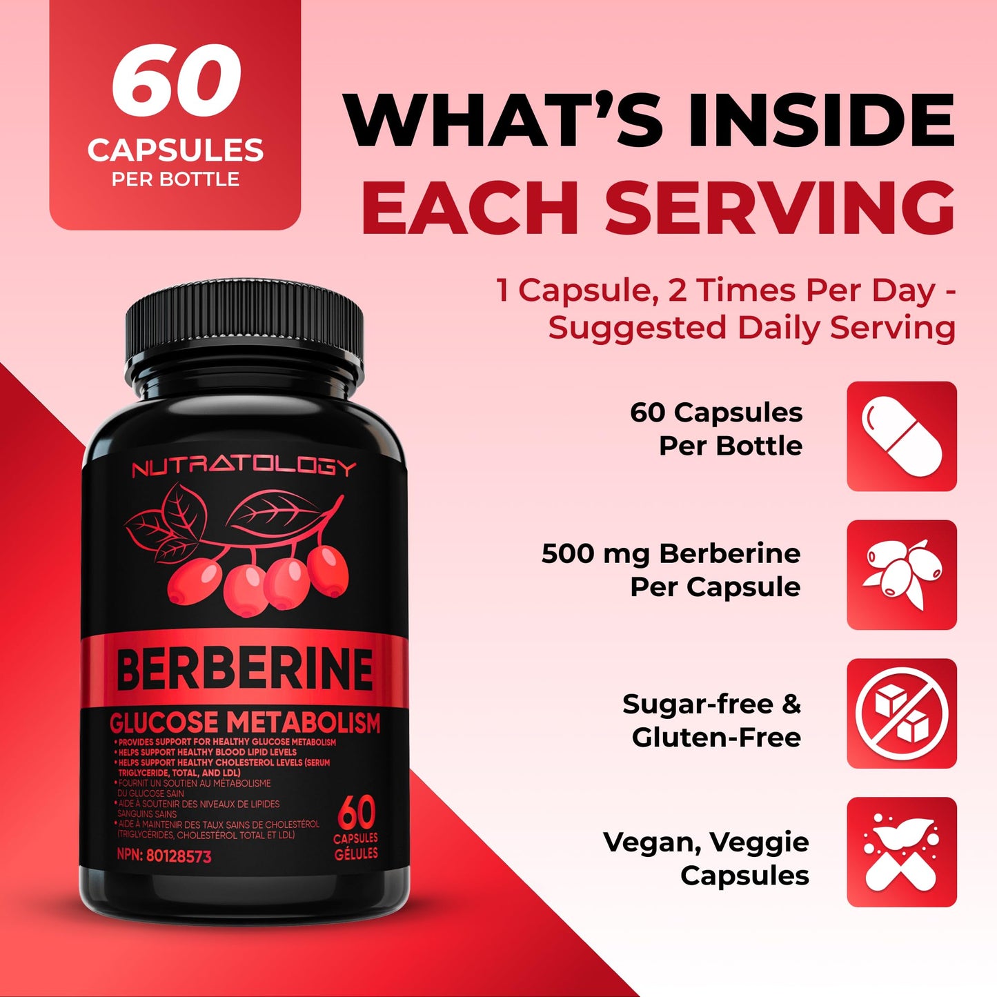 Nutratology® Berberine Supplement | Canadian-Made | Max Potency 500MG Per Capsule - Supports Glucose Metabolism & Healthy Blood Sugar Levels Through Efficient Metabolism Of Sugar & Fats - 60 Capsules - Available at All In One Marketplace Canada