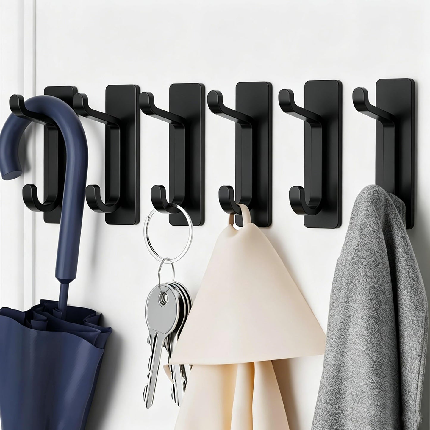 Self Adhesive Hooks for Hanging, Waterproof Towel Hook for Bathroom, Black Wall Hanger for Shower, Coat, Door, Robe, Sticky and Heavy Duty, 6-Pack
