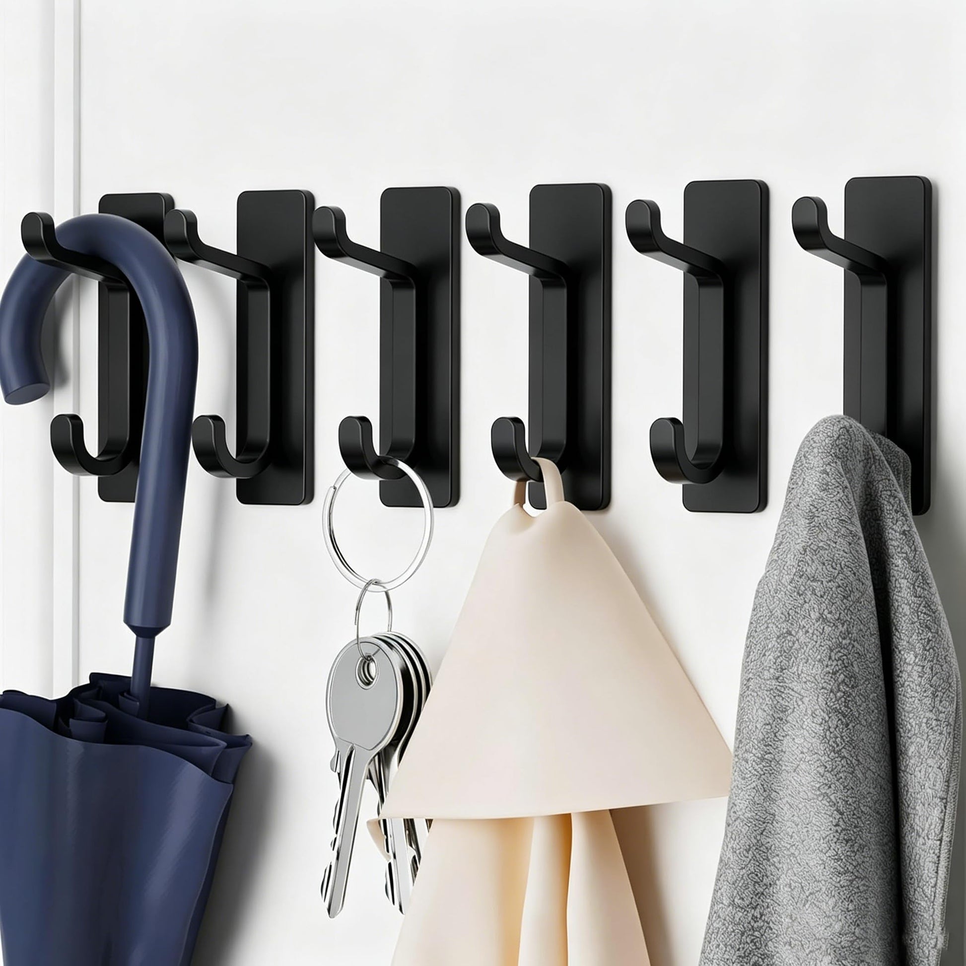 Self Adhesive Hooks for Hanging, Waterproof Towel Hook for Bathroom, Black Wall Hanger for Shower, Coat, Door, Robe, Sticky and Heavy Duty, 6-Pack