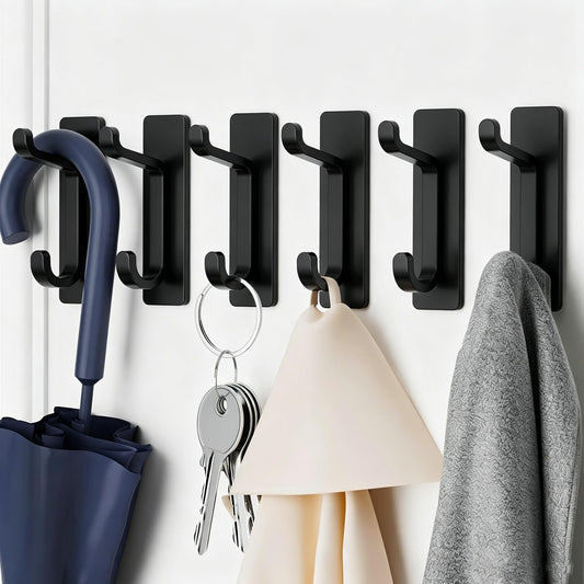 Self Adhesive Hooks for Hanging, Waterproof Towel Hook for Bathroom, Black Wall Hanger for Shower, Coat, Door, Robe, Sticky and Heavy Duty, 6-Pack