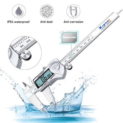 Kynup Digital Caliper, Calipers 6 Inch Measuring Tool with Stainless Steel, IP54 Splash Proof Protection Design, Easy Switch from Inch Metric Fraction, Large LCD Screen (150mm)