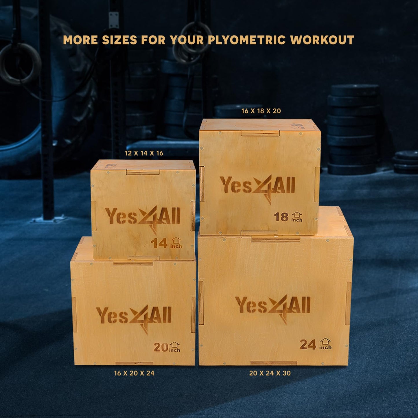 Yes4All 3-in-1 Wooden Plyo Box, Jumping Plyometric Step Platform for Home Gym, 450lb Capacity with Wide Built-in Handles (16"x14"x12" - Basic Wood Finish) Yes4All