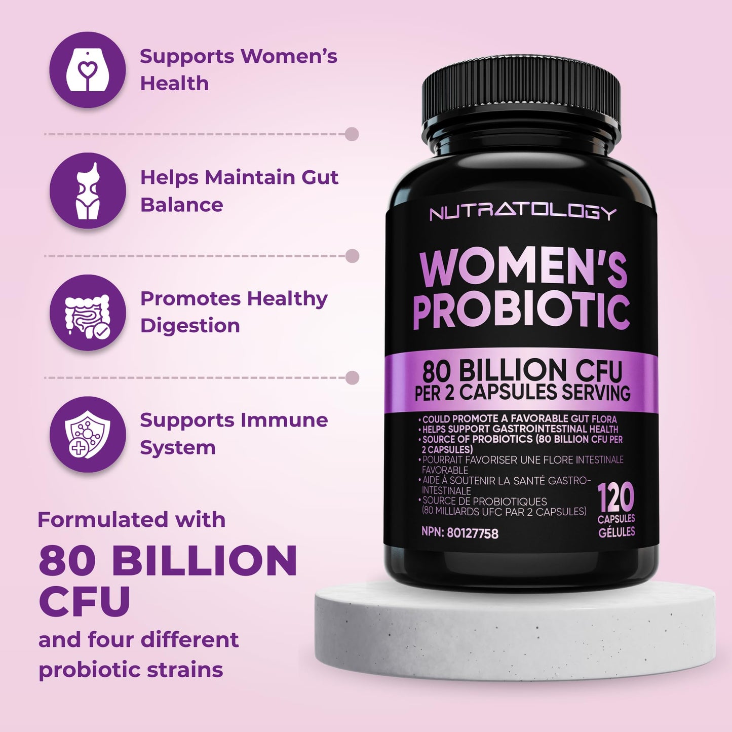 Nutratology® Probiotics for Women | Canadian-Made | 40 Billion CFUs Per Capsule | 80 Billion CFUs Per Serving - Bloating Relief & Digestion - 4 Strains of Women's Probiotic for Gut Health -120 Count
