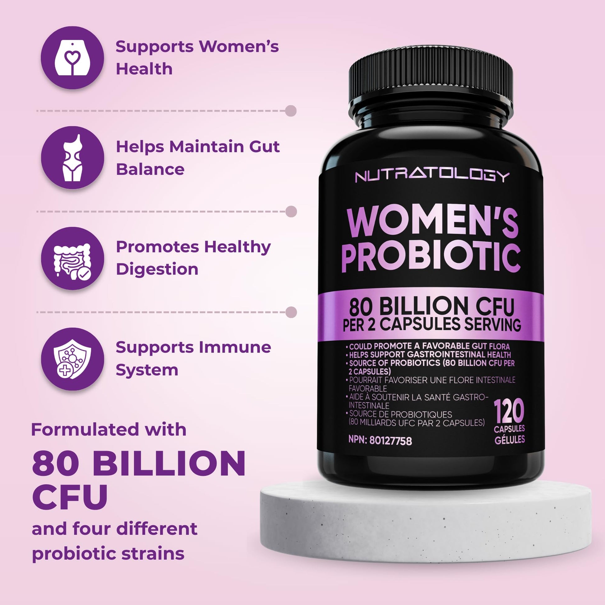 Nutratology® Probiotics for Women | Canadian-Made | 40 Billion CFUs Per Capsule | 80 Billion CFUs Per Serving - Bloating Relief & Digestion - 4 Strains of Women's Probiotic for Gut Health -120 Count