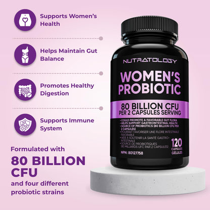 Nutratology® Probiotics for Women | Canadian-Made | 40 Billion CFUs Per Capsule | 80 Billion CFUs Per Serving - Bloating Relief & Digestion - 4 Strains of Women's Probiotic for Gut Health -120 Count