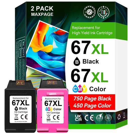 67XL Ink Cartridges Compatible for HP 67 Ink Cartridges Combo Pack Black Color Fit for Deskjet 2855e 4255e 2700 2755e 2734e 2842e 4255e 2723e 4155e 2742e 4100 Envy 6455e 6055e 6000 Printer