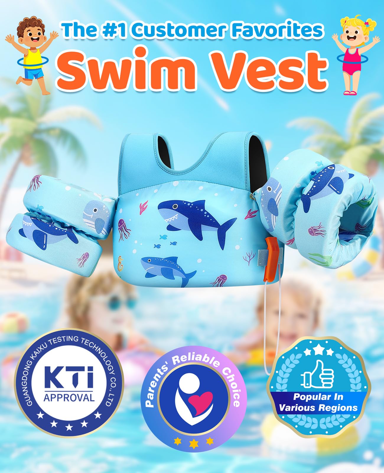 HeySplash Swim Vest for Kids, Toddler Pool Floaties Fit 33-66 Lbs, Puddle Jumper with Double Adjustable Strap, Swim Jacket Water Wing Arm Float, Sea Boat Flotation Device Boy Girl,Blue Shark