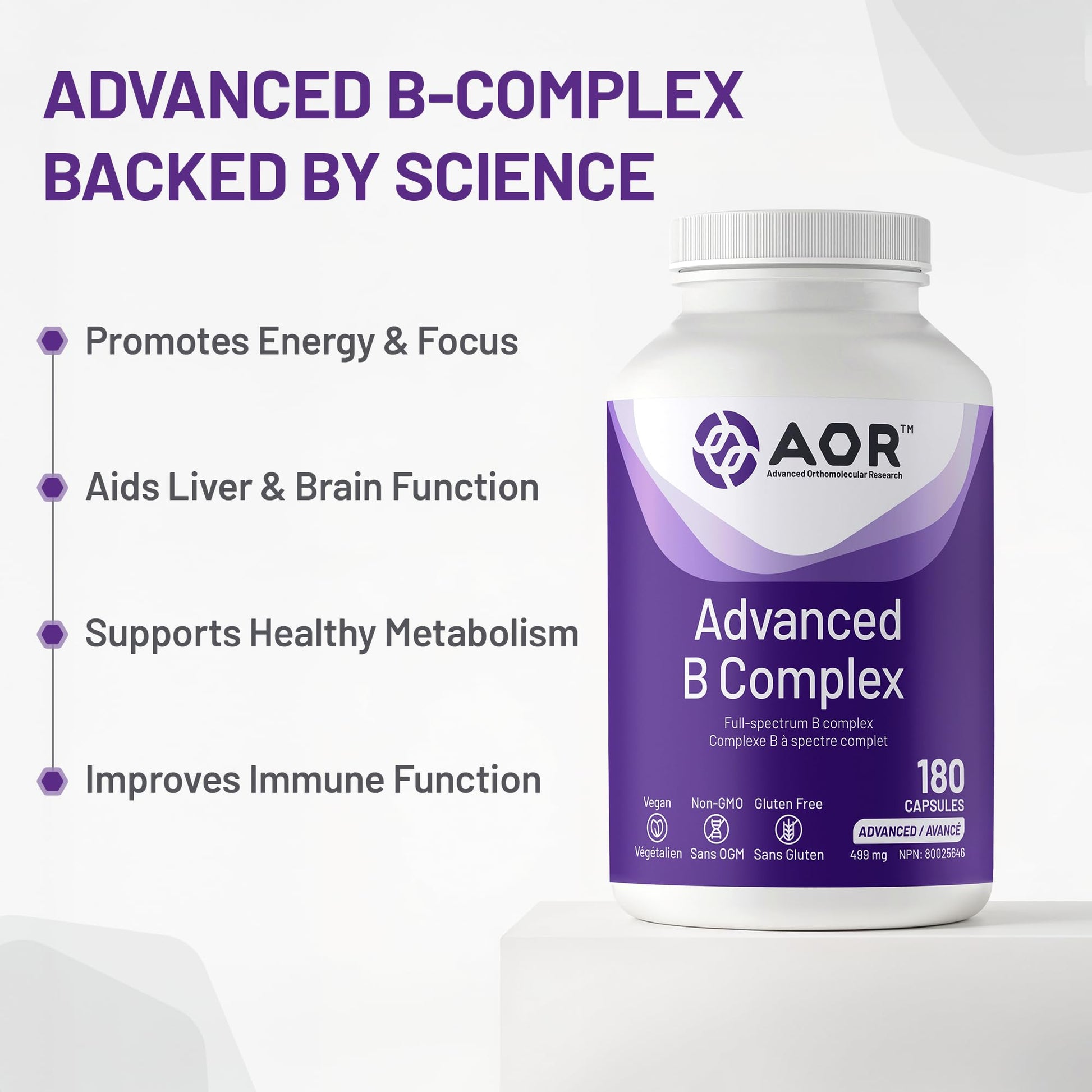 AOR Advanced B Complex Capsules, 180 Count 180-Day Supply - Full-Spectrum B Vitamin Blend with B1, B2, B3, B5, B6, B12, Inositol, Folic Acid & Biotin - Vegan, Non-GMO & Gluten-Free - Promotes Energy