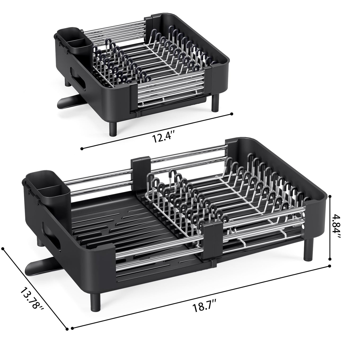 Urackify Extendable Dish Drying Rack, Dual Part Dish Drainers with Non-Scratch and Movable Cutlery Drainer and Drainage Spout, Adjustable Dish Rack for Kitchen,Black - Available at All In One Marketplace Canada