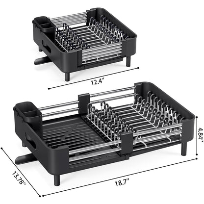 Urackify Extendable Dish Drying Rack, Dual Part Dish Drainers with Non-Scratch and Movable Cutlery Drainer and Drainage Spout, Adjustable Dish Rack for Kitchen,Black - Available at All In One Marketplace Canada