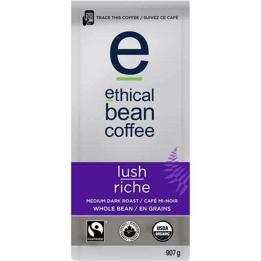Ethical Bean Lush Medium Dark Roast Fairtrade Organic Whole Bean Coffee – 907g