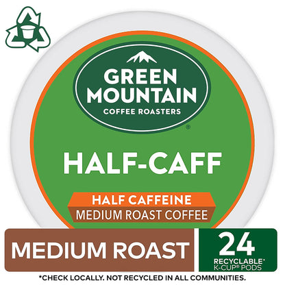 Green Mountain Coffee Half-Caff, Decaf, Medium/Dark Roast Coffee, 24 count