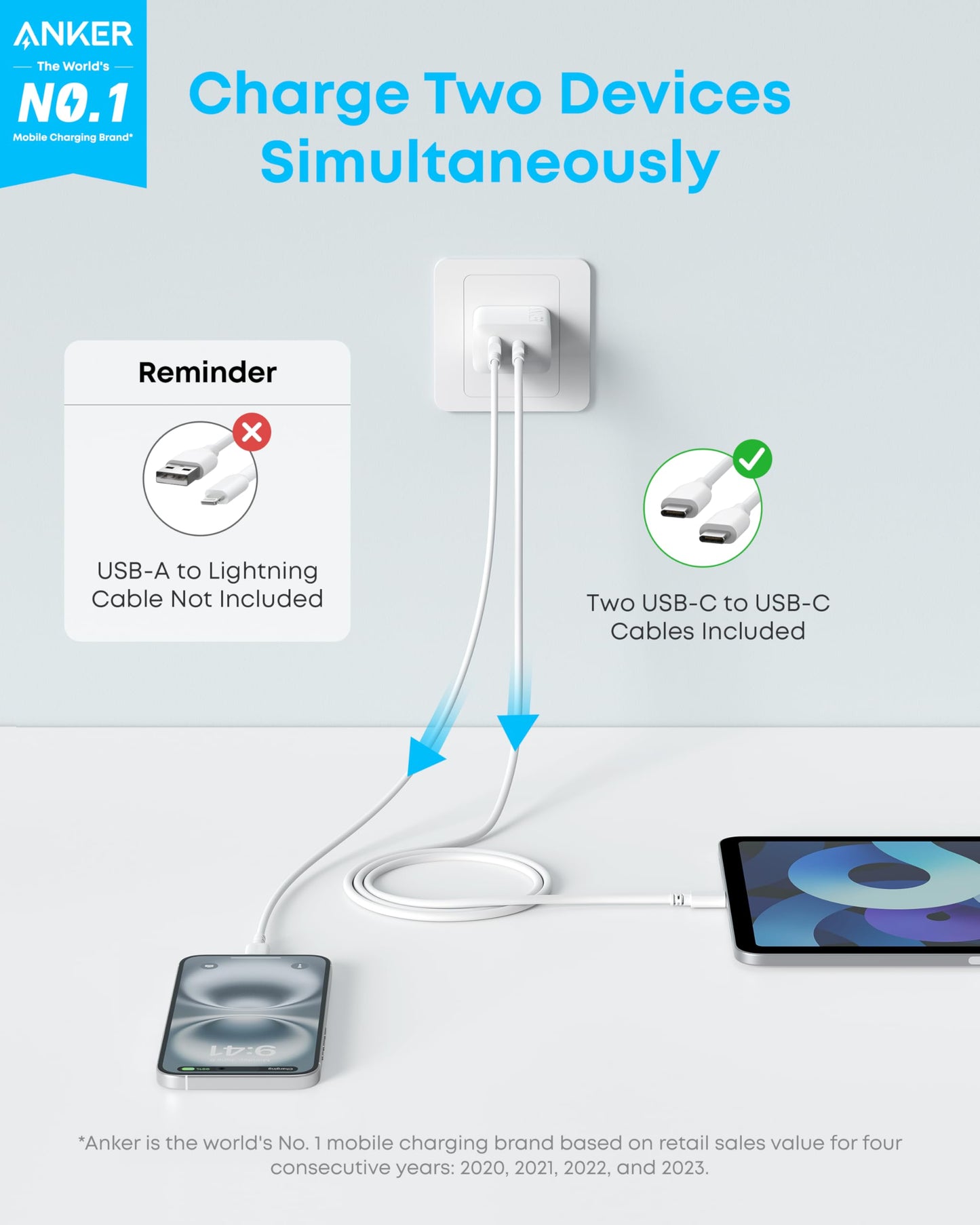 Anker iPhone 17/16 Charger, 2-Pack 20W Fast USB C Charger Block, for iPhone 17/16/16 Pro Max/15 Series/iPad Pro and More (2 Pack & 2 Cable)(White) - Available at All In One Marketplace Canada