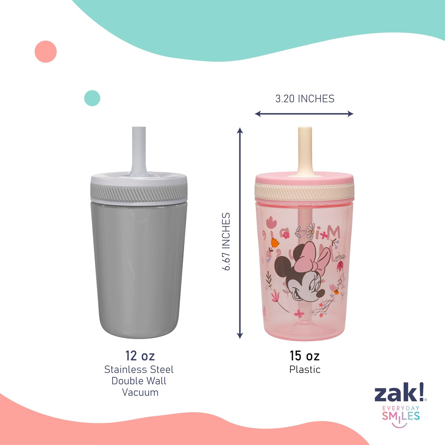 Zak Designs Disney Minnie Kelso 15oz Leak-Proof Toddler Straw Cups, 2-Pack