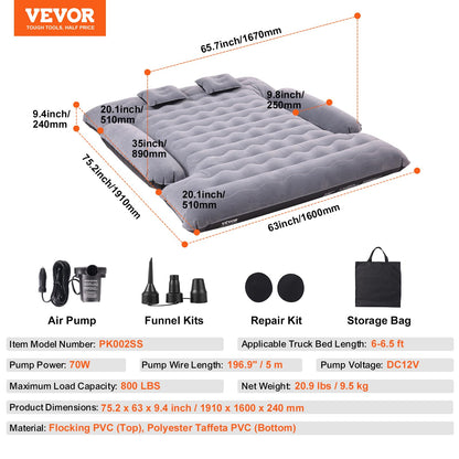 VEVOR Truck Bed Air Mattress, for 6-6.5 ft Full Size Truck Beds, Inflatable Air Mattress Camping Bed with 12V Air Pump 2 Pillows, Carry Bag, for Chevrolet Silverado, Dodge Ram, Ford 150/250/350 VEVOR