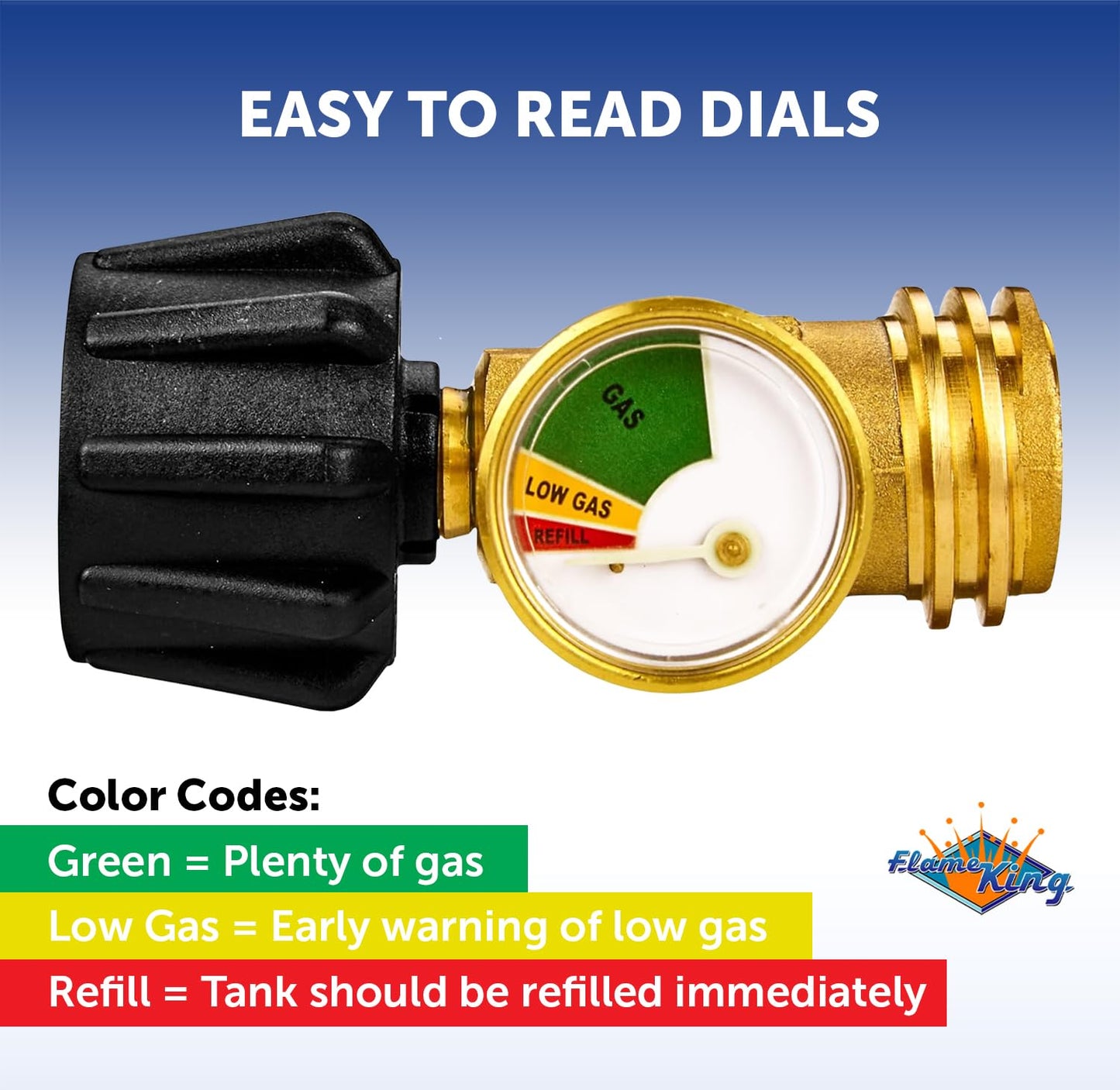 Flame King Propane Tank Gauge Level Indicator, Leak Detector Gas Pressure Meter, Color Coded & Glows in The Dark, Universal for All Cylinders, Solid Brass (2-Pack) Flame King