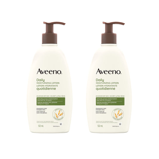 Aveeno Daily Moisturizing Lotion with Pump, Dry Skin, Non Comedogenic, Prebiotic Oat, Daily Moisturizer, Fragrance Free, Pack of 2 (1064 ml Total) Packaging May Vary
